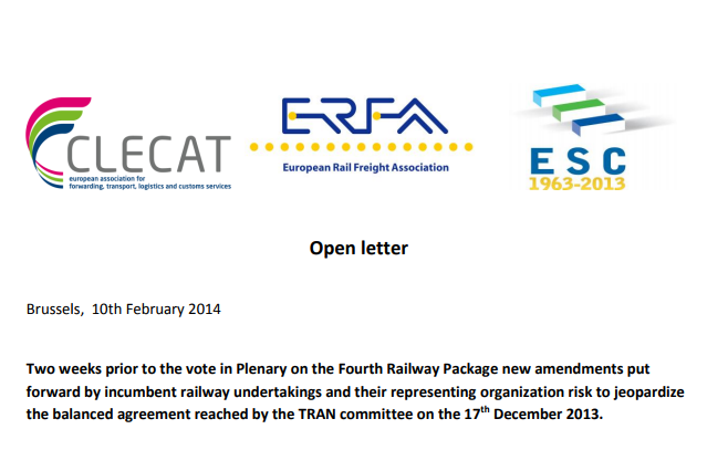Open letter from ESC, CLECAT, ERFA addressed to ALL MEPs warning on a risk to jeopardize the results of the TRAN Committee of last 17th December  and the answer letter (05/03/2014) of VP Kallas Cabinet.